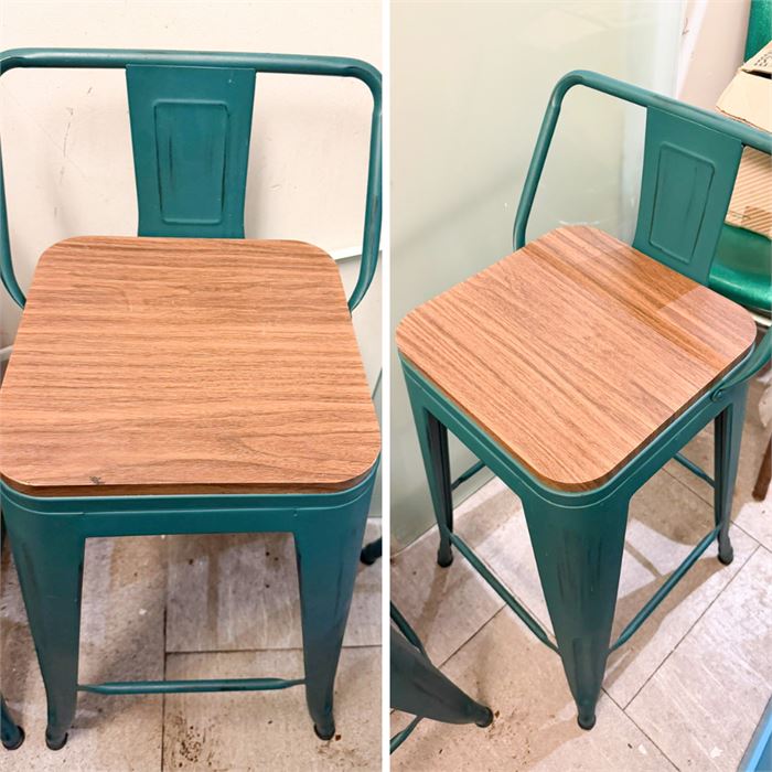 Lot of (10) Ten Industrial Metal Bar Stools with Woodgrain Seats