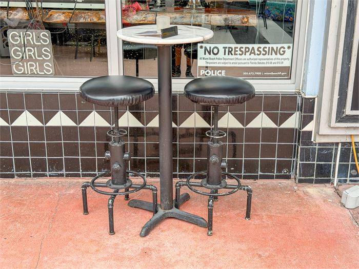 🍸 Industrial Bistro High-Top Table Set w/Marble Top & (2) Adjustable Bar Stools