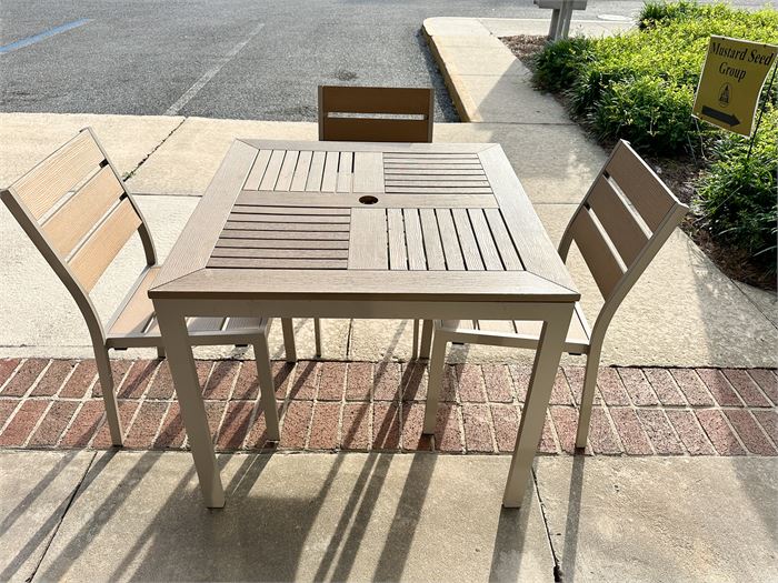 Set of (1) One Outdoor Table and (3) Three Outdoor Stackable Chairs. VERY NICE!