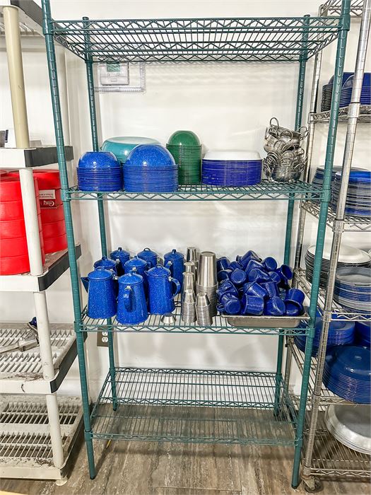 Combo Lot Rack Plus Contents. Blue Items Are Tablecraft Enamelware