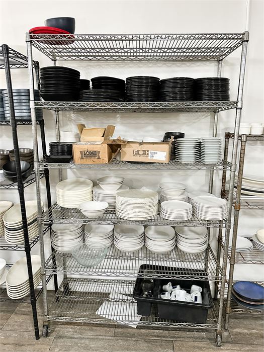 Combo Lot Rack Plus Contents. Black Plateware is from Crate & Barrel & CB2