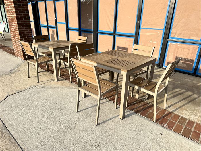 Set of (2) Two Outdoor Tables and (8) Eight Outdoor Stackable Chairs. VERY NICE!