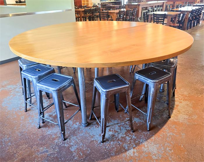 🔥🪵 One-of-a-Kind 96" Round Solid Wood Community Table w/ 14 Industrial Stools