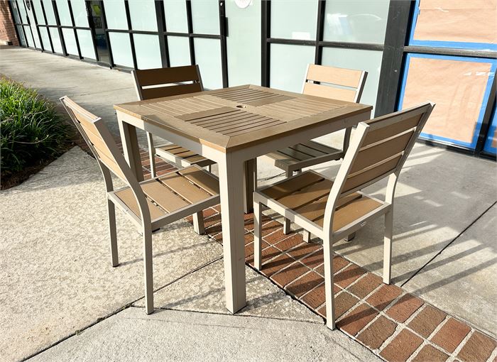 Set of (1) One Outdoor Table and (4) Four Outdoor Stackable Chairs. VERY NICE!