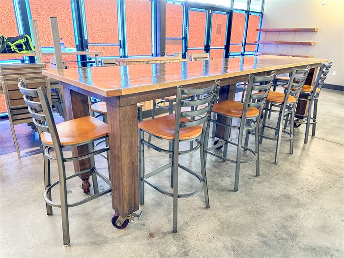 Beautiful 12' Foot Communal Table on Casters With 10 High Top Chairs
