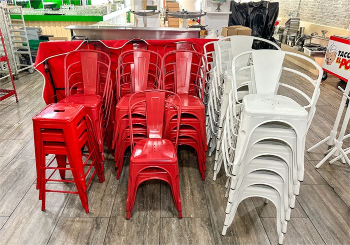 Red and White Chairs and Stools