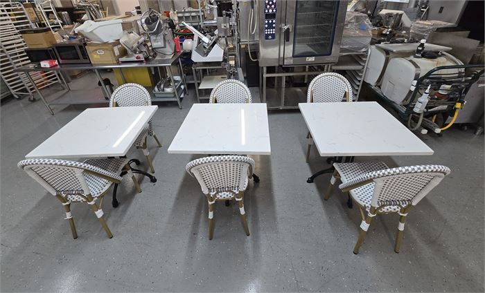 Lot of (3) Café Bistro Marble Top Tables & (6) French Bistro Chairs